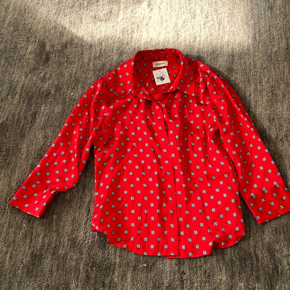 L’Agence red silk blouse with navy blue and white detail. 3/4 sleeve brand new.
